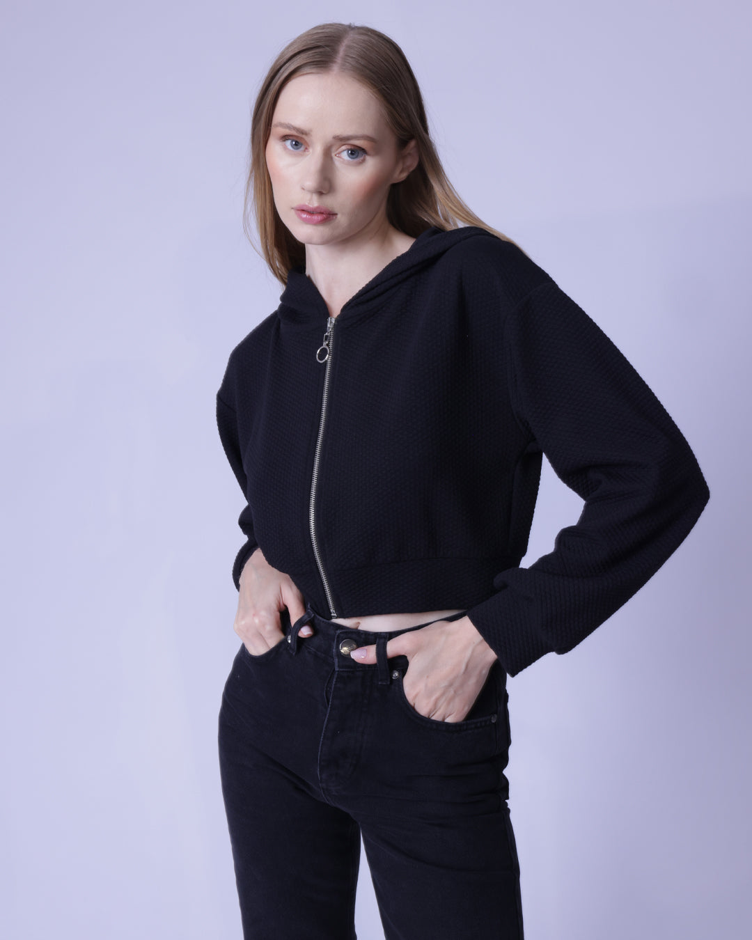 Solid Crop O-ring Zip Up Mini Quilted Hoodie