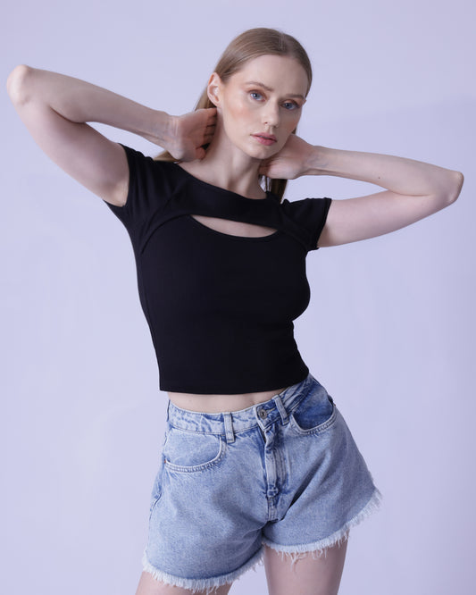 Cut Out Chest Cotton Rib-Knit Crop Top