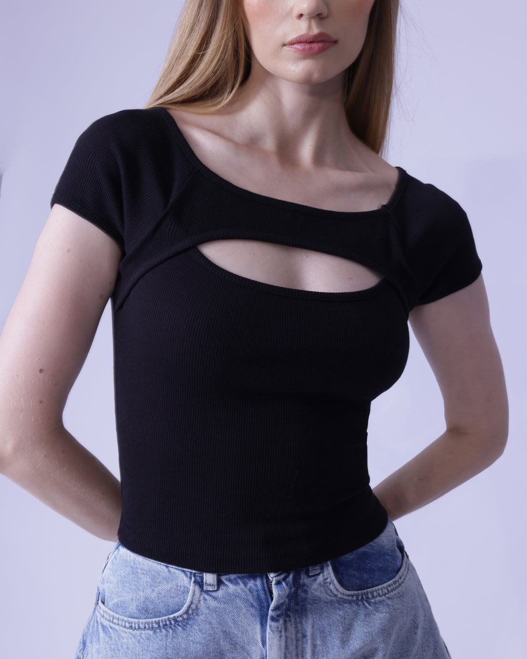 Cut Out Chest Cotton Rib-Knit Crop Top