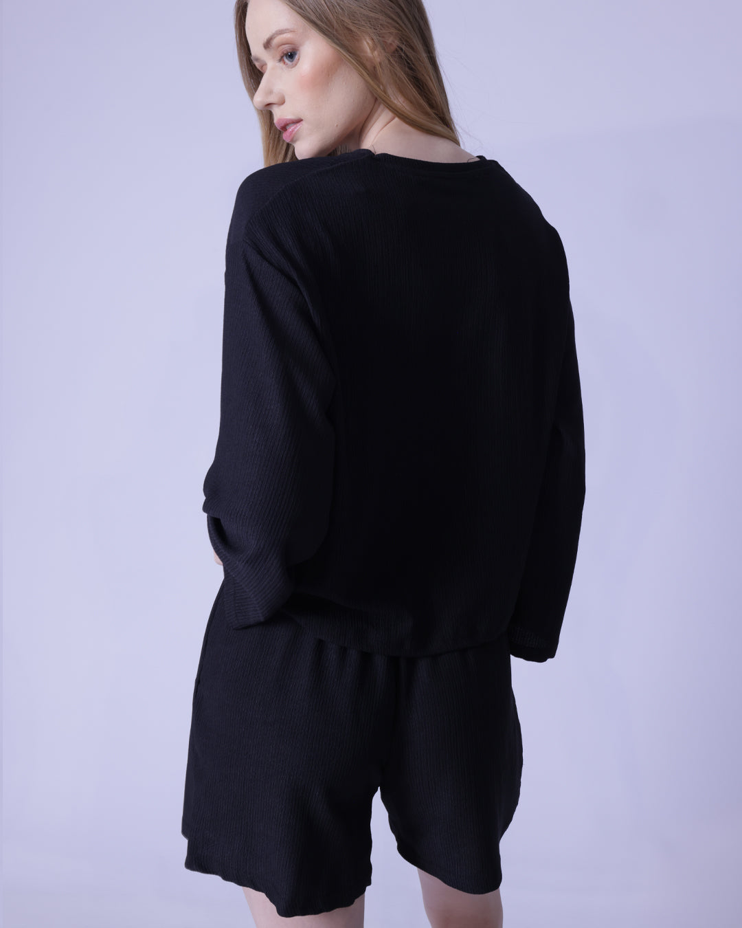 Raschel Long Sleeve Pullover & Relax Fit Short 2-Piece Loungewear Set