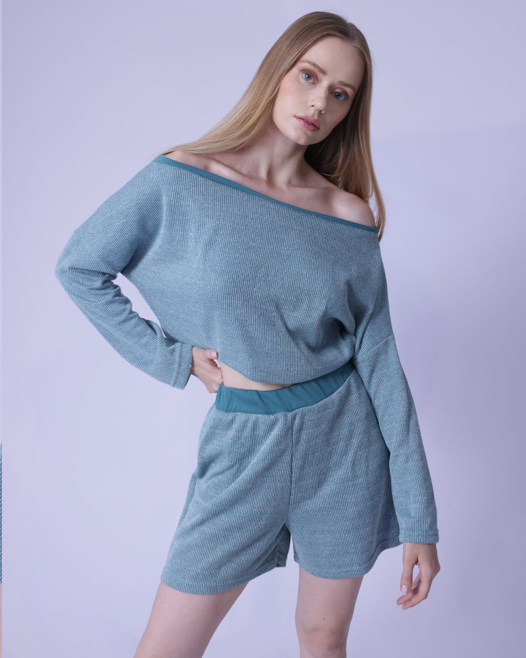 Ottoman Knit Off-the-shoulder Pullover & Shorts Lounge Set