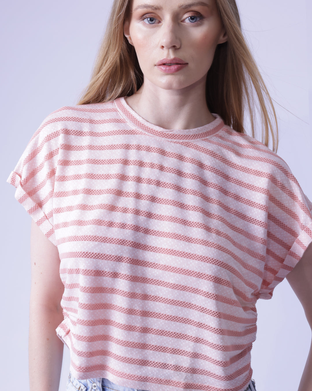 Two-Tones Striped Shirred Jacquard Short Sleeve T-Shirt