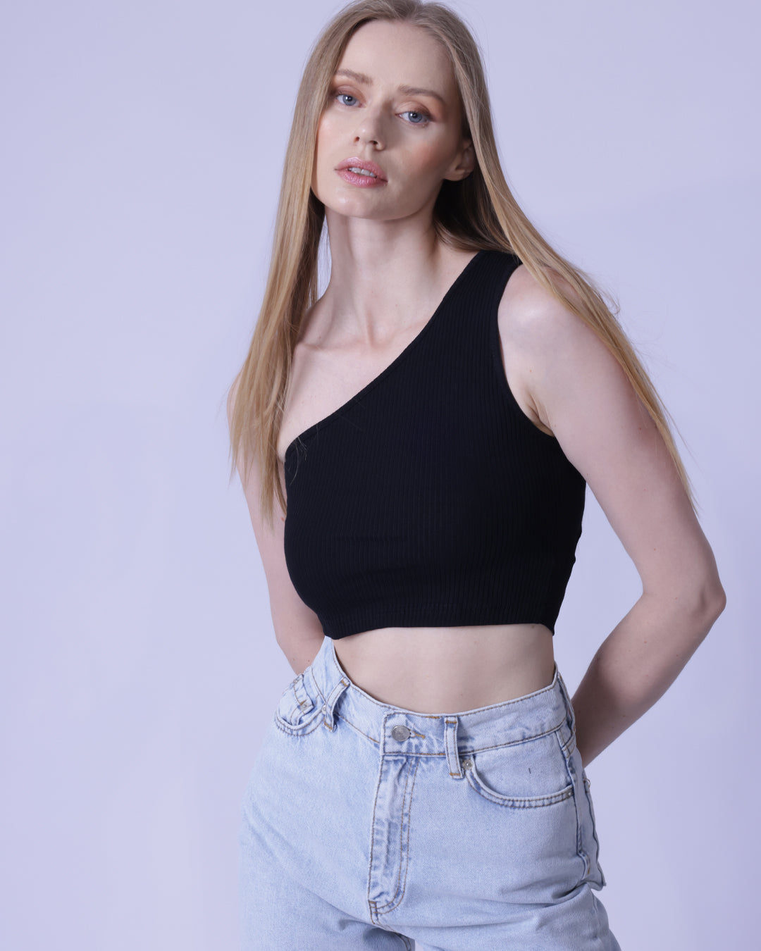 One Shoulder Cut Out Back Rib-knit Crop Top