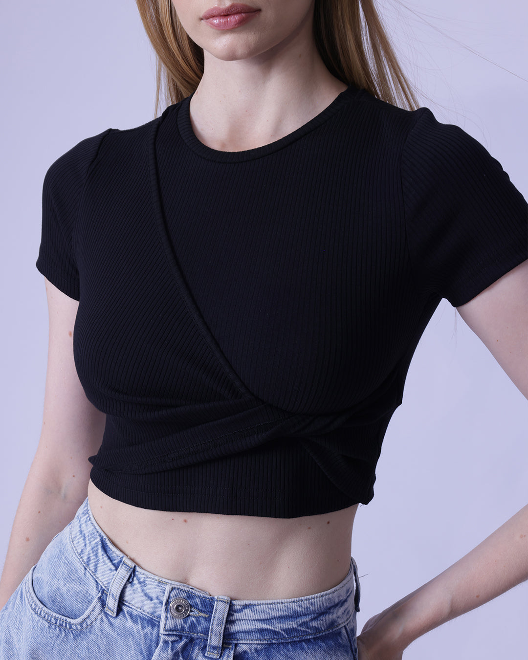 Twist Front Detailed Short Sleeve Cotton Rib-Knit Crop Top